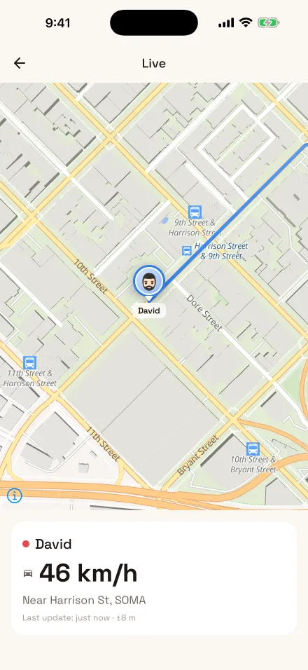 Live view following David at 46 km/h near Harrison Street