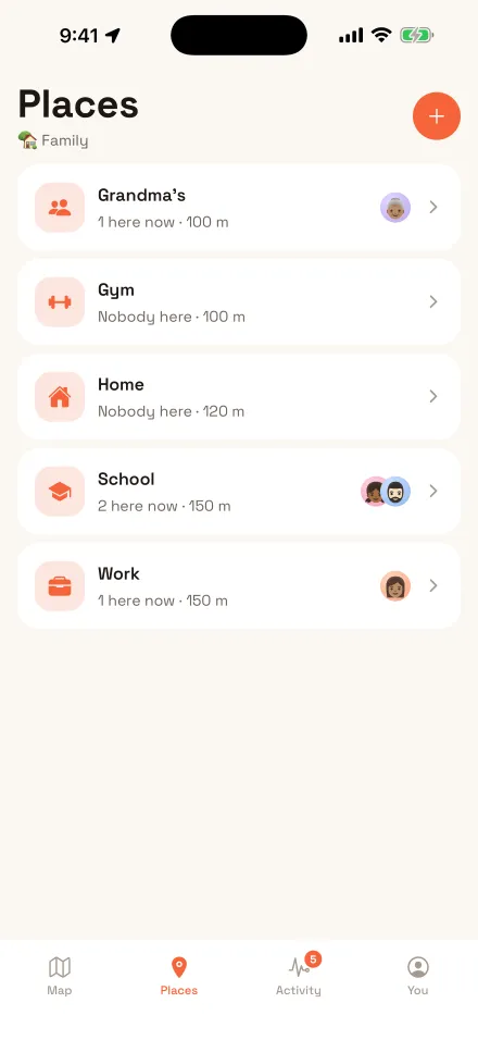 The places list: Grandma's, Gym, Home, School and Work, with who is at each