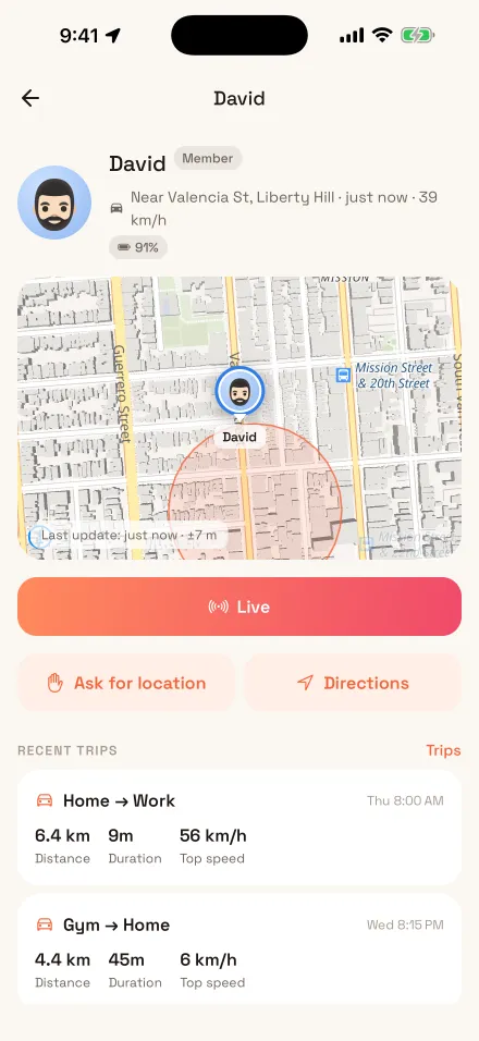 David's page while he drives, with his recent trips