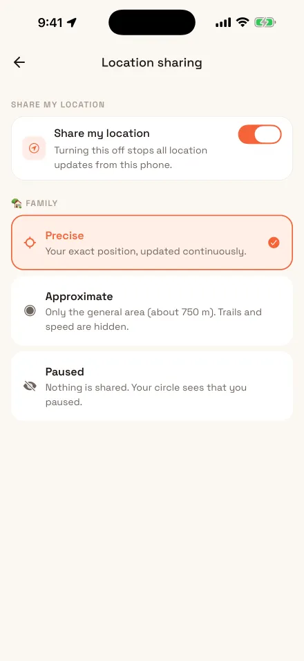 Location sharing settings: precise, approximate or paused for the Family circle
